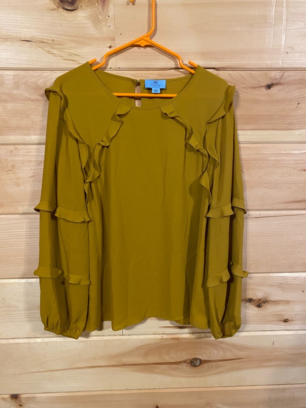$12-large CeCe Ruffle Detail Long Sleeve Blouse in Mustard Yellow